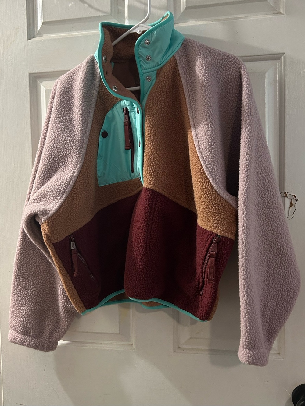 Free People Colorblock Teddy Jacket in Mauve, Teal & Brown